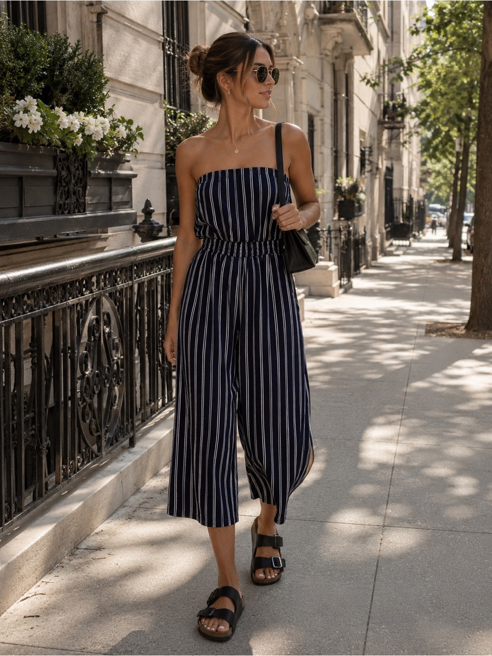 Lulus Navy White Stripe Strapless Jumpsuit Wide Leg Cropped XS